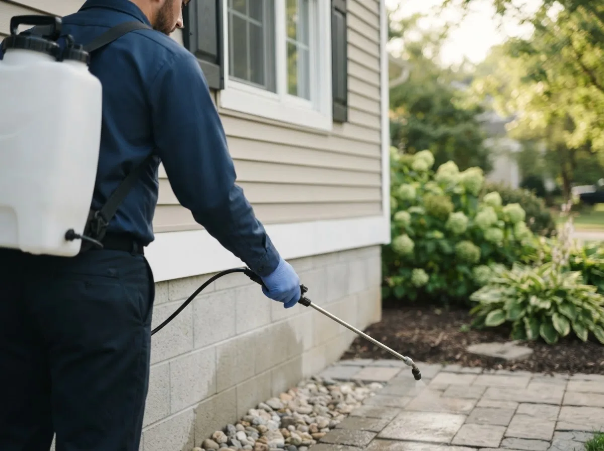 Pest control technician inspecting a home in Cameron, OK
